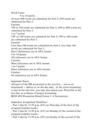Word Count
9 to 10 points
At least 800 words are submitted for Part 2; 450 words are
submitted for Part 3.
8 points
799 to 750 words are submitted for Part 2; 449 to 400 words are
submitted for Part 3.
1 to 7 points
749 to 100 words are submitted for Part 2; 399 to 100 words
are submitted for Part 3.
0 points
Less than 100 words are submitted for Part 2; less than 100
words are submitted for Part 3.
Part 2 References are in APA format
9 to 10 points
All references are in APA format.
8 points
Most references are in APA format.
1 to 7 points
Some references are in APA format.
0 points
No references are in APA format.
Important Notes:
All parts of the DB are posted in the text box -- not as an
attachment -- before or on the due date. In the event formatting
is lost in the text box, you may also attach your Word file to the
text box as evidence of proper formatting.
BUSI 604 Discussion Board Forum 1–4 Instructions
Important Assignment Deadlines:
· Part 1 due by 11:59 p.m. (ET) on Thursday of the first of the
assigned modules/weeks.
· Part 2 due by 11:59 p.m. (ET) on Monday of the second of the
assigned modules/weeks.
· Part 3 due by 11:59 p.m. (ET) on Sunday of the second of the
 