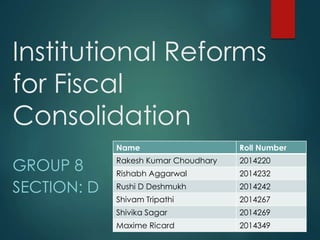 Institutional Reforms
for Fiscal
Consolidation
GROUP 8
SECTION: D
Name Roll Number
Rakesh Kumar Choudhary 2014220
Rishabh Aggarwal 2014232
Rushi D Deshmukh 2014242
Shivam Tripathi 2014267
Shivika Sagar 2014269
Maxime Ricard 2014349
 