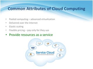 Common Attributes of Cloud Computing
• Pooled computing – advanced virtualization
• Delivered over the Internet
• Elastic scaling
• Flexible pricing – pay only for they use
• Provide resources as a service
 