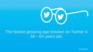 The fastest growing age bracket on Twitter is 
55 – 64 years old. 
Pew Research 
 
