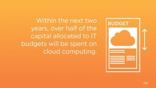 IDG 
2007 3hrs 2012 
Within the next two 
years, over half of the 
capital allocated to IT 
budgets will be spent on 
cloud computing. 
BUDGET 
131 
 