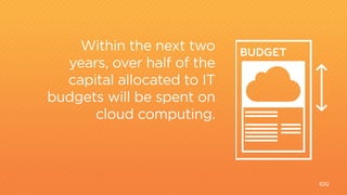 IDG
Within the next two
years, over half of the
capital allocated to IT
budgets will be spent on
cloud computing.
2007 201...