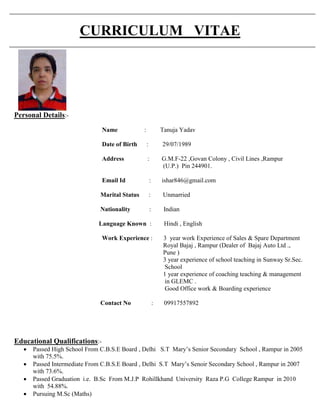 CURRICULUM VITAE
Personal Details:-
Name : Tanuja Yadav
Date of Birth : 29/07/1989
Address : G.M.F-22 ,Govan Colony , Civil Lines ,Rampur
(U.P.) Pin 244901.
Email Id : ishar846@gmail.com
Marital Status : Unmarried
Nationality : Indian
Language Known : Hindi , English
Work Experience : 3 year work Experience of Sales & Spare Department
Royal Bajaj , Rampur (Dealer of Bajaj Auto Ltd .,
Pune )
3 year experience of school teaching in Sunway Sr.Sec.
School
1 year experience of coaching teaching & management
in GLEMC .
Good Office work & Boarding experience
Contact No : 09917557892
Educational Qualifications:-
 Passed High School From C.B.S.E Board , Delhi S.T Mary’s Senior Secondary School , Rampur in 2005
with 75.5%.
 Passed Intermediate From C.B.S.E Board , Delhi S.T Mary’s Senoir Secondary School , Rampur in 2007
with 73.6%.
 Passed Graduation i.e. B.Sc From M.J.P Rohillkhand University Raza P.G College Rampur in 2010
with 54.88%.
 Pursuing M.Sc (Maths)
 