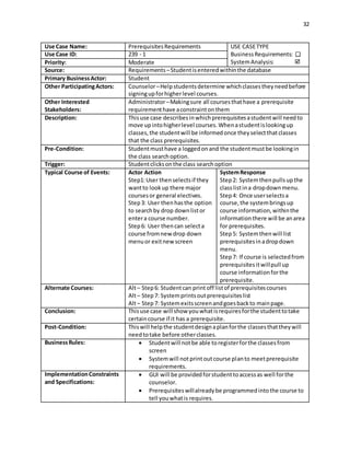32
Use Case Name: PrerequisitesRequirements USE CASETYPE
BusinessRequirements:
SystemAnalysis:
Use Case ID: 239 - 1
Priority: Moderate
Source: Requirements –Studentisenteredwithinthe database
Primary BusinessActor: Student
Other ParticipatingActors: Counselor–Helpstudentsdetermine whichclassestheyneedbefore
signingupforhigherlevel courses.
Other Interested
Stakeholders:
Administrator–Makingsure all coursesthathave a prerequisite
requirementhave aconstraintonthem
Description: Thisuse case describesinwhichprerequisitesastudentwill needto
move upintohigherlevel courses.Whenastudentislookingup
classes,the studentwill be informedonce theyselectthatclasses
that the class prerequisites.
Pre-Condition: Studentmusthave a loggedonand the studentmustbe lookingin
the class searchoption.
Trigger: Studentclicksonthe class searchoption
Typical Course of Events: Actor Action
Step1:User thenselectsif they
wantto lookup there major
coursesor general electives.
Step3: User thenhasthe option
to searchby drop downlistor
entera course number.
Step6: User thencan selecta
course fromnew drop down
menuor exitnew screen
SystemResponse
Step2: Systemthenpullsupthe
classlistina dropdownmenu.
Step4: Once userselectsa
course,the systembringsup
course information,withinthe
informationthere will be anarea
for prerequisites.
Step5: Systemthenwill list
prerequisitesinadropdown
menu.
Step7: If course is selectedfrom
prerequisitesitwillpull up
course informationforthe
prerequisite.
Alternate Courses: Alt– Step6: Studentcan print off listof prerequisitescourses
Alt– Step7: Systemprintsoutprerequisiteslist
Alt– Step7: Systemexitsscreenandgoesbackto mainpage.
Conclusion: Thisuse case will show youwhatisrequiresforthe studenttotake
certaincourse if it has a prerequisite.
Post-Condition: Thiswill helpthe studentdesignaplanforthe classesthattheywill
needtotake before otherclasses.
BusinessRules:  Studentwill notbe able toregisterforthe classesfrom
screen
 Systemwill notprintoutcourse planto meetprerequisite
requirements.
ImplementationConstraints
and Specifications:
 GUI will be providedforstudenttoaccessas well forthe
counselor.
 Prerequisiteswillalreadybe programmedintothe course to
tell youwhatis requires.
 