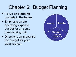 Chapter 6: Budget Planning
• Focus on planning
budgets in the future
• Emphasis on the
operating expense
budget for an acute
care nursing unit
• Directions on preparing
the budget for your
class project

 