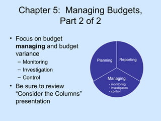 Chapter 5: Managing Budgets,
Part 2 of 2
• Focus on budget
managing and budget
variance
– Monitoring
– Investigation
– Control

• Be sure to review
“Consider the Columns”
presentation

 
