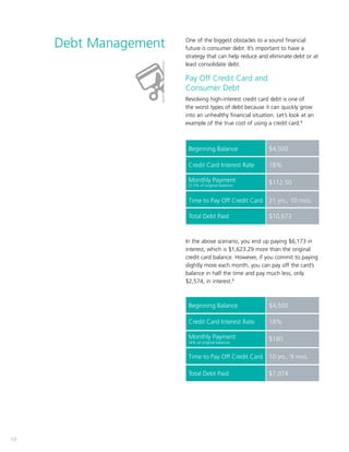 10
One of the biggest obstacles to a sound financial
future is consumer debt. It’s important to have a
strategy that can help reduce and eliminate debt or at
least consolidate debt.
Pay Off Credit Card and
Consumer Debt
Revolving high-interest credit card debt is one of
the worst types of debt because it can quickly grow
into an unhealthy financial situation. Let’s look at an
example of the true cost of using a credit card.8
In the above scenario, you end up paying $6,173 in
interest, which is $1,623.29 more than the original
credit card balance. However, if you commit to paying
slightly more each month, you can pay off the card’s
balance in half the time and pay much less, only
$2,574, in interest.8
Debt Management
Beginning Balance
Beginning Balance
$4,500
$4,500
18%
18%
$112.50
$180
(2.5% of original balance)
21 yrs., 10 mos.
10 yrs., 9 mos.
$10,673
$7,074
Credit Card Interest Rate
Credit Card Interest Rate
Monthly Payment
Monthly Payment
Time to Pay Off Credit Card
Time to Pay Off Credit Card
Total Debt Paid
Total Debt Paid
(4% of original balance)
 