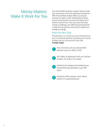 20
Your licensed WFG associate is ready to help you make
your money work for you. By walking you through the
WFG Financial Needs Analysis (FNA), you and your
associate can obtain a clear understanding of where
you are now and where you want and need to be for
a better financial future. And, when your life brings
change or challenges, your WFG financial professional
is ready with the products and services to update your
strategy accordingly.
Make the Next Step
Procrastination is an enemy to a secure financial future,
but it can easily be overcome. By starting your financial
strategy now, you can put time on your side.
To begin today:
	 Share information with your licensed WFG
	 associate so you can obtain an FNA
	 Set a follow up appointment with your associate 	
	 to obtain the results of this analysis
	 Implement the strategy recommended by your 	
	 licensed WFG associate based on your FNA 	
	results
	 Include your WFG associate in your referral 	
	 network of trusted professionals
1
2
3
4
Money Matters:
Make It Work For You
 