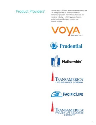 3
Product Providers1 Through WFG’s affiliates, your licensed WFG associate
can offer you access to a broad number of
well-known providers in the financial services and
insurance industry — offering you a choice in
product and provider when creating your
financial strategy.
 