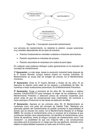 18
Figura No. 1 Concepción actual del mantenimiento
Los servicios de mantenimiento, no obstante lo anterior, ocupan posiciones
muy variables dependientes de los tipos de industria:
 Posición fundamental en centrales nucleares e industrias aeronáuticas.
 Posición importante en industrias de proceso.
 Posición secundaria en empresas con costos de paro bajos.
En cualquier caso podemos distinguir cuatro generaciones en la evolución del
concepto de mantenimiento:
1ª Generación: La más larga, desde la revolución industrial hasta después de
la 2ª Guerra Mundial, aunque todavía impera en muchas industrias. El
Mantenimiento se ocupa sólo de arreglar las averías. Es el Mantenimiento
Correctivo.
2ª Generación: Entre la 2ª Guerra Mundial y finales de los años 70 se
descubre la relación entre edad de los equipos y probabilidad de fallo. Se
comienza a hacer sustituciones preventivas. Es el Mantenimiento Preventivo.
3ª Generación: Surge a principios de los años 80. Se empieza a realizar
estudios CAUSA-EFECTO para averiguar el origen de los problemas. Es el
Mantenimiento Predictivo ó detección precoz de síntomas incipientes para
actuar antes de que las consecuencias sean inadmisibles. Se comienza a
hacer partícipe a Producción en las tareas de detección de fallos.
4ª Generación: Aparece en los primeros años 90. El Mantenimiento se
contempla como una parte del concepto de Calidad Total: "Mediante una
adecuada gestión del mantenimiento es posible aumentar la disponibilidad al
tiempo que se reducen los costos. Es el Mantenimiento Basado en el Riesgo
(MBR): Se concibe el mantenimiento como un proceso de la empresa al que
contribuyen también otros departamentos. Se identifica el mantenimiento como
fuente de beneficios, frente al antiguo concepto de mantenimiento como "mal
necesario". La posibilidad de que una máquina falle y las consecuencias
asociadas para la empresa es un riesgo que hay que gestionar, teniendo como
objetivo la disponibilidad necesaria en cada caso al mínimo coste.
 