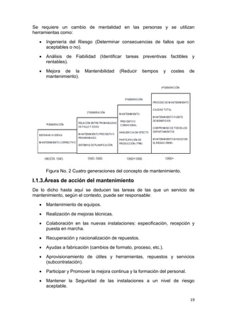 19
Se requiere un cambio de mentalidad en las personas y se utilizan
herramientas como:
 Ingeniería del Riesgo (Determinar consecuencias de fallos que son
aceptables o no).
 Análisis de Fiabilidad (Identificar tareas preventivas factibles y
rentables).
 Mejora de la Mantenibilidad (Reducir tiempos y costes de
mantenimiento).
Figura No. 2 Cuatro generaciones del concepto de mantenimiento.
I.1.3.Áreas de acción del mantenimiento
De lo dicho hasta aquí se deducen las tareas de las que un servicio de
mantenimiento, según el contexto, puede ser responsable:
 Mantenimiento de equipos.
 Realización de mejoras técnicas.
 Colaboración en las nuevas instalaciones: especificación, recepción y
puesta en marcha.
 Recuperación y nacionalización de repuestos.
 Ayudas a fabricación (cambios de formato, proceso, etc.).
 Aprovisionamiento de útiles y herramientas, repuestos y servicios
(subcontratación).
 Participar y Promover la mejora continua y la formación del personal.
 Mantener la Seguridad de las instalaciones a un nivel de riesgo
aceptable.
 