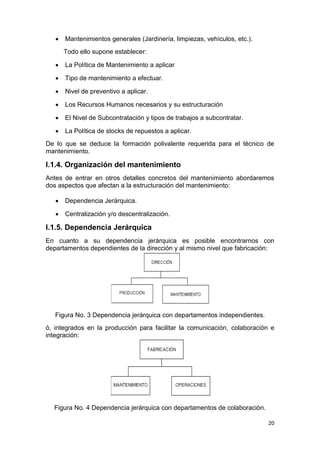 20
 Mantenimientos generales (Jardinería, limpiezas, vehículos, etc.).
Todo ello supone establecer:
 La Política de Mantenimiento a aplicar
 Tipo de mantenimiento a efectuar.
 Nivel de preventivo a aplicar.
 Los Recursos Humanos necesarios y su estructuración
 El Nivel de Subcontratación y tipos de trabajos a subcontratar.
 La Política de stocks de repuestos a aplicar.
De lo que se deduce la formación polivalente requerida para el técnico de
mantenimiento.
I.1.4. Organización del mantenimiento
Antes de entrar en otros detalles concretos del mantenimiento abordaremos
dos aspectos que afectan a la estructuración del mantenimiento:
 Dependencia Jerárquica.
 Centralización y/o descentralización.
I.1.5. Dependencia Jerárquica
En cuanto a su dependencia jerárquica es posible encontrarnos con
departamentos dependientes de la dirección y al mismo nivel que fabricación:
Figura No. 3 Dependencia jerárquica con departamentos independientes.
ó, integrados en la producción para facilitar la comunicación, colaboración e
integración:
Figura No. 4 Dependencia jerárquica con departamentos de colaboración.
 