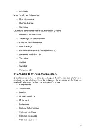 56
 Escariado
Modo de fallo por deformación:
 Fluencia plástica
 Fluencia térmica
 Corrosión
Causas por condiciones de trabajo, fabricación y diseño:
 Problemas de fabricación
 Sobrecarga por desalineación
 Ciclos de carga frecuentes
 Diseño a fatiga
 Condiciones de servicio (velocidad / carga)
 Causas de lubricación por:
 Viscosidad
 Calidad
 Cantidad
 Contaminación
II.12.Análisis de averías en forma general
El análisis de averías en forma genérica para los síntomas que alertan, son
similares en los distintos tipos de máquinas de procesos en la línea de
producción de partes de dirección y suspensión, como:
 Compresores
 Ventiladores
 Bombas
 Motores eléctricos
 Motor térmico
 Reductores
 Sistema de lubricación
 Sistemas eléctricos
 Sistemas mecánicos
 Sistemas neumáticos
 