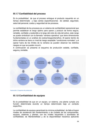 64
III.1.7 Confiabilidad del proceso
Es la probabilidad de que el proceso entregue el producto requerido en un
tiempo determinado y bajo ciertas especificaciones de calidad, seguridad,
salud del personal, costos y seguridad de los procesos.
La confiabilidad de los procesos es un sistema de confiabilidad operacional que
permite establecer el rango óptimo para operar y producir de forma segura,
rentable, confiable y sostenible a lo largo del ciclo de vida del activo, este rango
se puede simbolizar con la llamada “ventana operativa” que tiene dimensiones
fundamentadas en un análisis de costos/riesgos/beneficio. Al operar dentro de
dicha ventana se tiene un nivel de riesgo aceptable “condiciones normales” y al
operar fuera de los límites de la ventana se pueden observar los distintos
riesgos en que se pueden incurrir.
A continuación se presenta el esquema de producción estable, confiable,
segura y rentable.
III.1.8 Confiabilidad de equipos
Es la probabilidad de que en un equipo, un sistema, una planta cumpla una
función determinada durante un tiempo determinado bajo un contexto
específico.
La confiabilidad de equipos garantizará la mínima probabilidad de falla al lograr
niveles de excelencia del mantenimiento o de cuidado de los componentes,
equipos, sistemas y plantas; con los niveles requeridos o acordados de
confiabilidad, de Mantenibilidad y de la disponibilidad mecánica aplicando
Ilustración 2. Esquema de producción
 