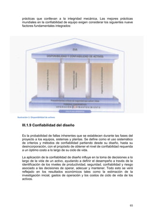 65
prácticas que conllevan a la integridad mecánica. Las mejores prácticas
mundiales en la confiabilidad de equipo exigen considerar los siguientes nueve
factores fundamentales integrados:
III.1.9 Confiabilidad del diseño
Es la probabilidad de fallas inherentes que se establecen durante las fases del
proyecto a los equipos, sistemas y plantas. Se define como el uso sistemático
de criterios y métodos de confiabilidad partiendo desde su diseño, hasta su
desincorporación, con el propósito de obtener el nivel de confiabilidad requerida
a un óptimo costo a lo largo de su ciclo de vida.
La aplicación de la confiabilidad de diseño influye en la toma de decisiones a lo
largo de la vida de un activo, ayudando a definir el desempeño a través de la
identificación de los niveles de productividad, seguridad, confiabilidad y riesgo
asociado a las decisiones de operar, adecuar y mantener. Todo esto se verá
reflejado en los resultados económicos tales como la estimación de la
investigación inicial, gastos de operación y los costos de ciclo de vida de los
activos.
Ilustración 3. Disponibilidad de activos
 