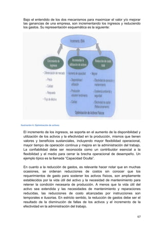67
Bajo el entendido de los dos mecanismos para maximizar el valor y/o mejorar
las ganancias de una empresa, son incrementando los ingresos y reduciendo
los gastos. Su representación esquemática es la siguiente:
El incremento de los ingresos, se soporta en el aumento de la disponibilidad y
utilización de los activos y la efectividad en la producción, mismos que tienen
valores y beneficios sustanciales, incluyendo mayor flexibilidad operacional,
mayor tiempo de operación continua y mejora en la administración del trabajo.
La confiabilidad debe ser reconocida como un contribuidor esencial a la
flexibilidad y el medio para cerrar la brecha operacional de desempeño. Un
ejemplo típico es la llamada “Capacidad Oculta”.
En cuanto a la reducción de gastos, es relevante hacer notar que en muchas
ocasiones, se ordenan reducciones de costos sin conocer que los
requerimientos de gasto para sostener los activos físicos, son ampliamente
establecidos por la vida útil del activo y la necesidad de mantenimiento para
retener la condición necesaria de producción. A menos que la vida útil del
activo sea extendida y las necesidades de mantenimiento y reparaciones
reducidas, las reducciones de costo alcanzadas por instrucciones son
temporales e ilusorias. En estricto sentido, la reducción de gastos debe ser el
resultado de la disminución de fallas de los activos y el incremento de la
efectividad en la administración del trabajo.
Ilustración 4. Optimización de activos
 