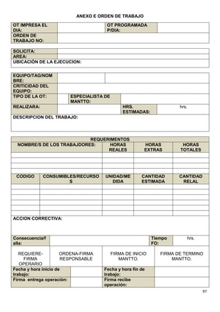 97
ANEXO E ORDEN DE TRABAJO
OT IMPRESA EL
DIA:
OT PROGRAMADA
P/DIA:
ORDEN DE
TRABAJO NO:
SOLICITA:
AREA:
UBICACIÓN DE LA EJECUCION:
EQUIPO/TAG/NOM
BRE:
CRITICIDAD DEL
EQUIPO:
TIPO DE LA OT: ESPECIALISTA DE
MANTTO:
REALIZARA: HRS.
ESTIMADAS:
hrs.
DESCRIPCION DEL TRABAJO:
REQUERIMENTOS
NOMBRE/S DE LOS TRABAJDORES: HORAS
REALES
HORAS
EXTRAS
HORAS
TOTALES
CODIGO CONSUMIBLES/RECURSO
S
UNIDAD/ME
DIDA
CANTIDAD
ESTIMADA
CANTIDAD
RELAL
ACCION CORRECTIVA:
Consecuencia/f
alla:
Tiempo
FO:
hrs.
REQUIERE-
FIRMA
OPERARIO
ORDENA-FIRMA
RESPONSABLE
FIRMA DE INICIO
MANTTO.
FIRMA DE TERMINO
MANTTO.
Fecha y hora inicio de
trabajo:
Fecha y hora fin de
trabajo:
Firma entrega operación: Firma recibe
operación:
 