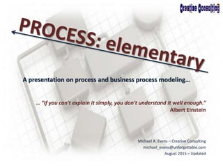 A presentation on process and business process modeling…
… “If you can't explain it simply, you don't understand it well enough.”
Albert Einstein
Michael A. Evens – Creative Consulting
michael_evens@unforgettable.com
August 2015 – Updated
 