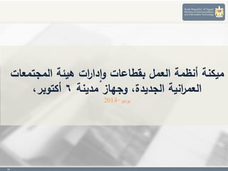 22
‫ميكنة‬‫المجتمعات‬ ‫هيئة‬ ‫ات‬‫ر‬‫دا‬‫ا‬‫و‬ ‫بقطاعات‬ ‫العمل‬ ‫أنظمة‬
‫مدينة‬ ‫وجهاز‬ ،‫الجديدة‬ ‫انية‬‫ر‬‫العم‬٦،‫أكتوبر‬
‫يونيو‬-2014
 