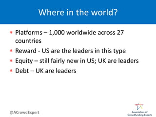 @ACrowdExpert
Where in the world?
 Platforms – 1,000 worldwide across 27
countries
 Reward - US are the leaders in this type
 Equity – still fairly new in US; UK are leaders
 Debt – UK are leaders
 