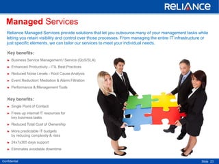 Confidential Slide
Reliance Managed Services provide solutions that let you outsource many of your management tasks while
letting you retain visibility and control over those processes. From managing the entire IT infrastructure or
just specific elements, we can tailor our services to meet your individual needs.
Managed Services
Key benefits:
 Single Point of Contact
 Frees up internal IT resources for
key business tasks
 Reduced Total Cost of Ownership
 More predictable IT budgets
by reducing complexity & risks
 24x7x365 days support
 Eliminates avoidable downtime
Key benefits:
 Business Service Management / Service (QoS/SLA)
 Enhanced Productivity - ITIL Best Practices
 Reduced Noise Levels - Root Cause Analysis
 Event Reduction: Mediation & Alarm Filtration
 Performance & Management Tools
23
 