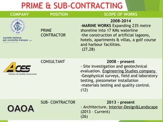 PRIME & SUB-CONTRACTING
COMPANY POSITION SCOPE OF WORKS
PRIME
CONTRACTOR
2008-2014
-MARINE WORKS Expanding 235 metre
shoreline into 17 KMs waterline
-the construction of artificial lagoons,
hotels, apartments & villas, a golf course
and harbour facilities.
(27,28)
CONSULTANT 2008 - present
- Site investigation and geotechnical
evaluation. Engineering Studies company
-Geophysical surveys, field and laboratory
testing, piezometer installation
-materials testing and quality control.
(12)
SUB- CONTRACTOR 2013 - present
- Architecture, Interior-Design&Landscape
(2013 – Current)
(26)
 