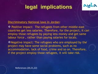 Discriminatory National laws in Jordan:
 Positive impact: The refugees from other middle-east
countries get less salaries. Therefore, for the project, it can
employ those refugees by paying less money and get same
labour force , rather than paying salaries for locals.
Negative impact: The refugees who are employed by the
project may have some social problems, such as no
accommodation, lack of food, crime and so on. Therefore,
if the project employ those refugees, it will take risk.
References (20,21,22)
 