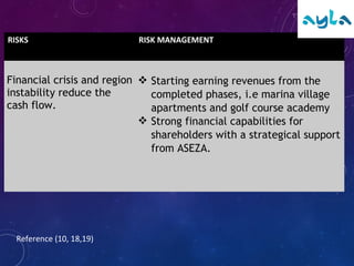 RISKS RISK MANAGEMENT
Financial crisis and region
instability reduce the
cash flow.
 Starting earning revenues from the
completed phases, i.e marina village
apartments and golf course academy
 Strong financial capabilities for
shareholders with a strategical support
from ASEZA.
Reference (10, 18,19)
 