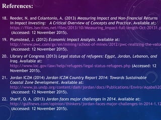 18. Reeder, N. and Colantonio, A. (2013) Measuring Impact and Non-financial Returns
in Impact Investing:   A Critical Overview of Concepts and Practice. Available at:
https://files.lsecities.net/files/2013/10/Measuring_Impact-full-length-Oct-20131.p
(Accessed: 12 November 2015).
19. Plumstead, J. (2012) Economic Impact Analysis. Available at:
http://www.pwc.com/gx/en/mining/school-of-mines/2012/pwc-realizing-the-value
(Accessed: 12 November 2015).
20. Library of Congress (2013) Legal status of refugees: Egypt, Jordan, Lebanon, and
Iraq. Available at:
http://www.loc.gov/law/help/refugees/legal-status-refugees.php (Accessed: 12
November 2015).
21. Jordan ICZM (2014) Jordan ICZM Country Report 2014: Towards Sustainable
Coastal Zone Development. Available at:
http://www.jo.undp.org/content/dam/jordan/docs/Publications/Enviro/Aqaba%20
(Accessed: 12 November 2015).
22. Sharif, O. A. (2013) Jordan faces major challenges in 2014. Available at:
http://gulfnews.com/opinion/thinkers/jordan-faces-major-challenges-in-2014-1.12
(Accessed: 12 November 2015).
References:
 