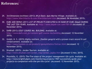 29. 3rd Dimension Architect (2013) AYLA Oasis: Ayla Marina Village. Available at:
http://www.3darchitects-lb.com/#!architecture/ctzx (Accessed: 06 November 2015).
30. EUBC AND DEPAH (2011) LIST OF PROJECTS EXECUTED & IN HAND BY EUBC-Depah DURING
THE LAST TEN YEARS. Available at: http://www.depah-con.com/?ID=38 (Accessed: 07
November 2015).
31. DARB (2013) GOLF COURSE MA. BUILDING. Available at:
http://www.darb.com.jo/content/golf-course-ma-building (Accessed: 12 November
2015).
32. GmbH, H. S. (2015) Highly resilient, flexible geogrid with a proven track record in soil
reinforcement. Available at:
http://www.huesker.co.uk/products/geosynthetics/fortrac.html (Accessed: 12
November 2015).
33. Drsuhad. (2015). Jordan Tourism. Available at:
http://www.drsuhad.com/jordan_map/jordan_aqaba.htm [Accessed 12 Nov. 2015].
34. Picariello, G. (2015) The Five steps of the project management life cycle. Available at:
http://www.brighthubpm.com/monitoring-projects/1907-successfully-guide-your-
projects-to-completion-with-the-pm-life-cycle/ (Accessed: 12 November 2015).
References:
 