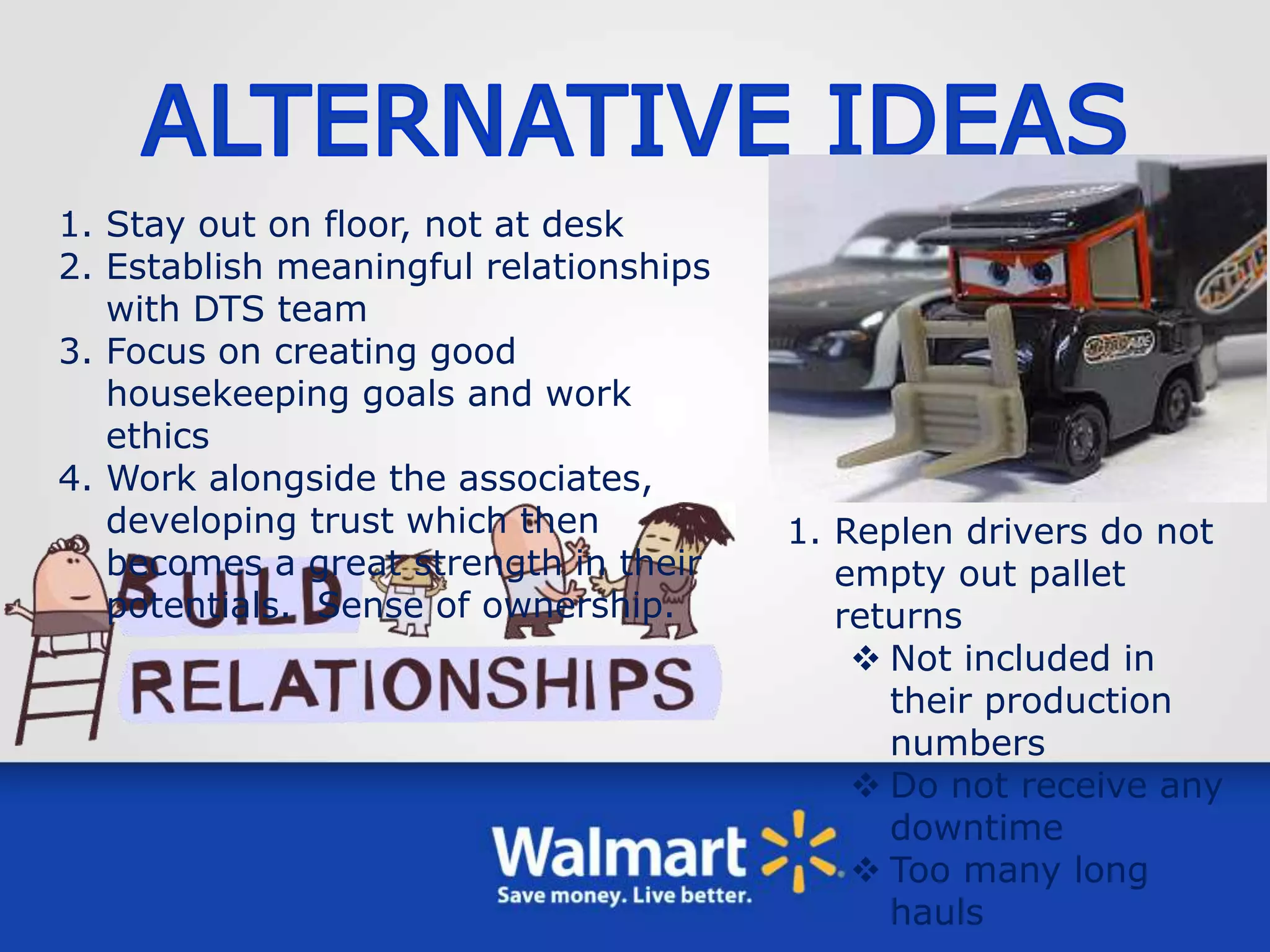 1. Stay out on floor, not at desk
2. Establish meaningful relationships
with DTS team
3. Focus on creating good
housekeeping goals and work
ethics
4. Work alongside the associates,
developing trust which then
becomes a great strength in their
potentials. Sense of ownership.
1. Replen drivers do not
empty out pallet
returns
 Not included in
their production
numbers
 Do not receive any
downtime
 Too many long
hauls
 