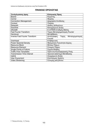 Ανάλυση και Σχεδιασμός ενός Δικτύου Long Term Evolution (LTE)
Γ. Παναγιωτόπουλος – Α. Τσώνης
103
ΠΙΝΑΚΑΣ ΟΡΟΛΟΓΙΑΣ
Ξενόγλωσσος όρος Ελληνικός Όρος
Bearer Κομιστής
Carrier Φορέας
Connection Management Διαχείριση Σύνδεσης
Context Πλαίσιο
Datapath Δίοδος Δεδομένων
Downlink Κατερχόμενη Ζεύξη
eNodeB Ε-UTRAN Σταθμός Βάσης
Fast Fourier Transform Ταχύς Μετασχηματισμός Fourier
Handover Μεταβίβαση
Inverse Fast Fourier Transform Αντίστροφος Ταχύς Μετασχηματισμός
Fourier
Overhead Επιβάρυνση
Power Spectral Density Φασματική Πυκνότητα Ισχύος
Resource Block Μπλοκ Πόρων
Resource Element Στοιχείο Πόρου
Single Points of Failure Σημεία Βλάβης
Traffic Flow Templates Πρότυπα Κυκλοφοριακής Ροής
Transmission Time Interval Χρονικό Διάστημα Μετάδοσης
Uplink Ανερχόμενη Ζεύξη
User Equipment Εξοπλισμός Χρήστη
Video Streaming Συνεχής ροή βίντεο
 