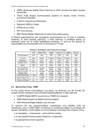 Ανάλυση και Σχεδιασμός ενός Δικτύου Long Term Evolution (LTE)
Γ. Παναγιωτόπουλος – Α. Τσώνης 18
 AMPS (Advanced Mobile Phone Service) σε ΗΠΑ, Κεντρική και Νότια Αμερική
και Καναδά
 TACS (Total Access Communication System) σε Αγγλία, Ιταλία, Ισπανία,
Αυστρία και Ολλανδία.
 C-450 σε Γερμανία και Πορτογαλία.
 Radiocom 2000 σε Γαλλία.
 RTMS για την Ιταλία.
 ΝΤΤ στην Ιαπωνία.
 NMT (Nordic Mobile Telephone) σε άλλες Ευρωπαϊκές χώρες.
Τα βασικά χαρακτηριστικά (και ταυτόχρονα μειονεκτήματα) της 1G ήταν οι ογκώδεις
συσκευές, οι πολύ χαμηλές ταχύτητες, η κακή ποιότητα, η μετάδοση φωνής με
αναλογικό τρόπο και τα πολλά προβλήματα σύνδεσης. Γι’ αυτό και δεν άργησε να
εγκαταλειφθεί και αντικατασταθεί από τα συστήματα 2ης
Γενιάς.
Πίνακας 1. Συστήματα 1ης Γενιάς ανά τον κόσμο
2.3 Δίκτυα 2ης Γενιάς - GSM
Τα 2ης γενιάς δίκτυα αναπτύχθηκαν στις αρχές της δεκαετίας του 90. Επειδή δεν
υπήρχε κάποια παγκόσμια προτυποποίηση δημιουργήθηκαν τα εξής πρότυπα:
 D-AMPS (Digital-AMPS) γνωστό και ως TDMA στην Αμερική
 GSM (Global System for Mobile Communications)
 PDC (Personal Digital Cellular) στην Ιαπωνία
Το πρότυπο 2G που χρησιμοποιήθηκε περισσότερο στην Ελλάδα, αλλά και
παγκοσμίως, είναι το GSM καθότι εκπλήρωσε σε μεγαλύτερο βαθμό τις εμπορικές και
τεχνικές προσδοκίες. Αναπτύχθηκε για να εκπληρώσει συγκεκριμένους στόχους, όπως:
 να προσφέρει – υποκειμενικά – καλή ποιότητα ομιλίας
 να έχει χαμηλό κόστος αγοράς τηλεφώνου ή τερματικού
 να χρησιμοποιεί κινητά τερματικά
 