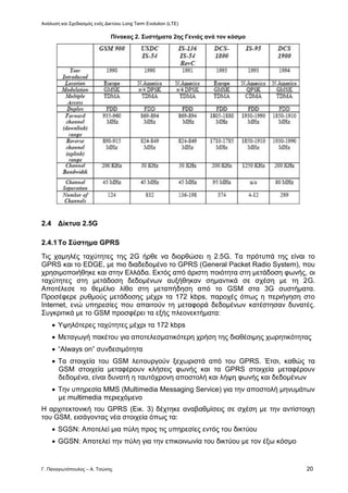 Ανάλυση και Σχεδιασμός ενός Δικτύου Long Term Evolution (LTE)
Γ. Παναγιωτόπουλος – Α. Τσώνης 20
Πίνακας 2. Συστήματα 2ης Γενιάς ανά τον κόσμο
2.4 Δίκτυα 2.5G
2.4.1Το Σύστημα GPRS
Τις χαμηλές ταχύτητες της 2G ήρθε να διορθώσει η 2.5G. Τα πρότυπά της είναι το
GPRS και το EDGE, με πιο διαδεδομένο το GPRS (General Packet Radio System), που
χρησιμοποιήθηκε και στην Ελλάδα. Εκτός από άριστη ποιότητα στη μετάδοση φωνής, οι
ταχύτητες στη μετάδοση δεδομένων αυξήθηκαν σημαντικά σε σχέση με τη 2G.
Αποτέλεσε το θεμέλιο λίθο στη μεταπήδηση από το GSM στα 3G συστήματα.
Προσέφερε ρυθμούς μετάδοσης μέχρι τα 172 kbps, παροχές όπως η περιήγηση στο
Internet, ενώ υπηρεσίες που απαιτούν τη μεταφορά δεδομένων κατέστησαν δυνατές.
Συγκριτικά με το GSM προσφέρει τα εξής πλεονεκτήματα:
 Υψηλότερες ταχύτητες μέχρι τα 172 kbps
 Μεταγωγή πακέτου για αποτελεσματικότερη χρήση της διαθέσιμης χωρητικότητας
 “Always on” συνδεσιμότητα
 Τα στοιχεία του GSM λειτουργούν ξεχωριστά από του GPRS. Έτσι, καθώς τα
GSM στοιχεία μεταφέρουν κλήσεις φωνής και τα GPRS στοιχεία μεταφέρουν
δεδομένα, είναι δυνατή η ταυτόχρονη αποστολή και λήψη φωνής και δεδομένων
 Την υπηρεσία MMS (Multimedia Messaging Service) για την αποστολή μηνυμάτων
με multimedia περιεχόμενο
Η αρχιτεκτονική του GPRS (Εικ. 3) δέχτηκε αναβαθμίσεις σε σχέση με την αντίστοιχη
του GSM, εισάγοντας νέα στοιχεία όπως τα:
 SGSN: Αποτελεί μια πύλη προς τις υπηρεσίες εντός του δικτύου
 GGSN: Αποτελεί την πύλη για την επικοινωνία του δικτύου με τον έξω κόσμο
 