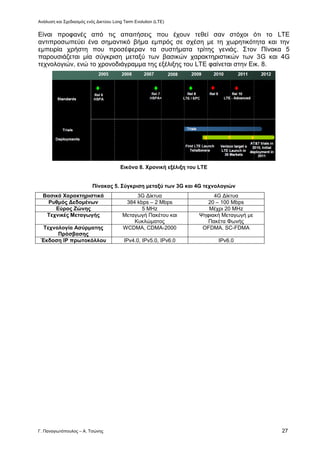 Ανάλυση και Σχεδιασμός ενός Δικτύου Long Term Evolution (LTE)
Γ. Παναγιωτόπουλος – Α. Τσώνης 27
Είναι προφανές από τις απαιτήσεις που έχουν τεθεί σαν στόχοι ότι το LTE
αντιπροσωπεύει ένα σημαντικό βήμα εμπρός σε σχέση με τη χωρητικότητα και την
εμπειρία χρήστη που προσέφεραν τα συστήματα τρίτης γενιάς. Στον Πίνακα 5
παρουσιάζεται μία σύγκριση μεταξύ των βασικών χαρακτηριστικών των 3G και 4G
τεχνολογιών, ενώ το χρονοδιάγραμμα της εξέλιξης του LTE φαίνεται στην Εικ. 8.
Εικόνα 8. Χρονική εξέλιξη του LTE
Πίνακας 5. Σύγκριση μεταξύ των 3G και 4G τεχνολογιών
Βασικά Χαρακτηριστικά 3G Δίκτυα 4G Δίκτυα
Ρυθμός Δεδομένων 384 kbps – 2 Mbps 20 – 100 Mbps
Εύρος Ζώνης 5 MHz Μέχρι 20 MHz
Τεχνικές Μεταγωγής Μεταγωγή Πακέτου και
Κυκλώματος
Ψηφιακή Μεταγωγή με
Πακέτα Φωνής
Τεχνολογία Ασύρματης
Πρόσβασης
WCDMA, CDMA-2000 OFDMA, SC-FDMA
Έκδοση ΙΡ πρωτοκόλλου IPv4.0, IPv5.0, IPv6.0 IPv6.0
 