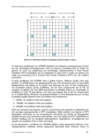 Ανάλυση και Σχεδιασμός ενός Δικτύου Long Term Evolution (LTE)
Γ. Παναγιωτόπουλος – Α. Τσώνης 45
Εικόνα 21. Διάσπαρτα σήματα αναφοράς μεταξύ στοιχείων πόρων
Ο πρακτικός σχεδιασμός του OFDMA βασίζεται στο διακριτό μετασχηματισμό Fourier
και τον αντίστροφο μετασχηματισμό, ώστε να γίνεται η εναλλαγή από το πεδίο του
χρόνου σε αυτό της συχνότητας και αντίστροφα. Χρησιμοποιείται ο Fast Fourier
Transform (FFT) αλγόριθμος για να εναλλάσσει το σήμα από το πεδίο του χρόνου στο
πεδίο της συχνότητας και ο Inverse Fast Fourier Transform (IFFT) για την αντίθετη
μετατροπή.
Η αρχή μετάδοσης στο OFDMA είναι η χρήση στενών, κάθετων μεταξύ τους sub-
carriers. Το OFDM σήμα που χρησιμοποιείται στο LTE αποτελείται από το πολύ 2048
διαφορετικούς sub-carriers με το μεταξύ τους διάστημα να είναι 15 kHz, ανεξαρτήτως
του συνολικού εύρους ζώνης μετάδοσης. Αν και είναι υποχρεωτικό για τα UE να
μπορούν να λάβουν και τους 2048 sub-carriers το eNodeB πρέπει να υποστηρίζει τη
μετάδοση το πολύ 72 sub-carriers, έτσι ώστε να μπορούν όλα τα UE να επικοινωνούν
με το σταθμό βάσης. Μπορούν να χρησιμοποιηθούν 3 τύποι διαμόρφωσης για το σήμα
(η ακριβής μορφή εξαρτάται από τις συνθήκες που επικρατούν):
1. QPSK, που διαθέτει 2 bits ανά σύμβολο
2. 16QAM, που διαθέτει 4 bits ανά σύμβολο
3. 64QAM, που διαθέτει 6 bits ανά σύμβολο
Κατά την εκπομπή ενός σήματος, πρώτα μετατρέπεται από σειριακό σε παράλληλο και
στη συνέχεια χρησιμοποιείται ο IFFT αλγόριθμος. Κάθε είσοδος που δέχεται ο IFFT
αλγόριθμος αντιστοιχεί σε ένα συγκεκριμένο sub-carrier και μπορεί να διαμορφωθεί
ανεξάρτητα από τους υπόλοιπους sub-carriers, ενώ στην έξοδο του IFFT προστίθεται το
κυκλικό πρόθεμα για την αποφυγή διασυμβολικών παρεμβολών, αντιγράφοντας ένα
κομμάτι του συμβόλου από το τέλος στην αρχή.
Αν και θεωρητικά η μετάδοση στο OFDMA διαθέτει καλές φασματικές ιδιότητες, στην
πραγματικότητα προκαλεί κάποια φασματική διασπορά λόγο ατελειών όπως το
 