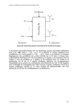 Ανάλυση και Σχεδιασμός ενός Δικτύου Long Term Evolution (LTE)
Γ. Παναγιωτόπουλος – Α. Τσώνης 55
Εικόνα 29. Closed-loop χωρική πολυπλεξία με M επίπεδα και Ν κεραίες
Η λειτουργία προ-κωδικοποίησης για την closed-loop χωρική πολυπλεξία καθορίζεται
από το y = Wx, όπου y = [y0,…,yN-1]T
, το yN δηλώνει το σύνολο συμβόλων που
μεταδίδονται στη ν-οστή κεραία, x = [x0,…..,xM-1]T
, όπου το xM δηλώνει το σύμβολο
διαμόρφωσης που μεταδίδεται στο μ-οστό επίπεδο και το W είναι ο πίνακας προ-
κωδικοποίησης διαστάσεων N × M. Για μετάδοση με 2 κεραίες το W επιλέγεται από τον
πίνακα 7, ενώ για μετάδοση με 4 κεραίες το W επιλέγεται από τον πίνακα 8. Ο
σχεδιασμός του W για τις 4 κεραίες μετάδοσης βασίζεται στο μετασχηματισμό
Householder για να μειώσει την υπολογιστική πολυπλοκότητα στο UE. Το UE λαμβάνει
από το eNodeB την πληροφορία (ένα πεδίο 3 bit για 2 κεραίες μετάδοσης ή 6 bit για 4
κεραίες μετάδοσης) σχετικά με το ποιος πίνακας θα χρησιμοποιηθεί, κάτι που
χρησιμεύει στο UE για την αποδιαμόρφωση των δεδομένων.
 
