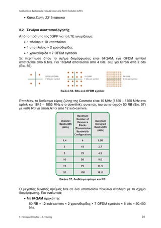 Ανάλυση και Σχεδιασμός ενός Δικτύου Long Term Evolution (LTE)
Γ. Παναγιωτόπουλος – Α. Τσώνης 94
 Κάτω Ζώνη: 2316 κάτοικοι
8.2 Σενάρια Διαστασιολόγησης
Από το πρότυπο της 3GPP για το LTE γνωρίζουμε:
 1 πλαίσιο = 10 υποπλαίσια
 1 υποπλαίσιο = 2 χρονοθυρίδες
 1 χρονοθυρίδα = 7 OFDM symbols
Σε περίπτωση όπου το σχήμα διαμόρφωσης είναι 64QAM, ένα OFDM symbol
αποτελείται από 6 bits. Για 16QAM αποτελείται από 4 bits, ενώ για QPSK από 2 bits
(Εικ. 56).
Εικόνα 56. Bits ανά OFDM symbol
Επιπλέον, το διαθέσιμο εύρος ζώνης της Cosmote είναι 10 MHz (1750 – 1760 MHz στο
uplink και 1845 – 1855 MHz στο downlink), συνεπώς του αντιστοιχούν 50 RB (Εικ. 57)
με κάθε RB να αποτελείται από 12 sub-carriers.
Εικόνα 57. Διαθέσιμο φάσμα και RB
Ο μέγιστος δυνατός αριθμός bits σε ένα υποπλαίσιο ποικίλλει ανάλογα με το σχήμα
διαμόρφωσης. Πιο αναλυτικά:
 Με 64QAM προκύπτει:
50 RB × 12 sub-carriers × 2 χρονοθυρίδες × 7 OFDM symbols × 6 bits = 50.400
bits.
 