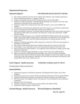 Organizational Experience
Inspection Engineer TUV-SUD South Asia Pvt. Ltd. Oct'15 -till date
 Raw material verification & review of row material Test certificate as per standard requirement.
 Review of QAP/ITP/procedures, calibration certificate.
 Inspection of welding with various NDT Techniques such as RT, UT, DPT & MPT.
 Inspection of Surface preparation (sand Blasting shot Blasting) with comparator & IS code as per
requirement & final paint test by verification of DFT.
 Inspection of plates like visually, dimensionally, plate testing etc. as per various ASTM & API
standard.
 Testing witness like Physical test, Mechanical test, Chemical test, etc. as per technical specification.
 Review and establish the WPS, PQR, WQT, and EQT as per ASME Section.
 Stage wise inspection of pressure vessel (like material identification, joint set up, nozzle set up, Dish
end inspection, NDT, hydro test, pneumatic test, dimension, visual) as per requirement of ASME
SEC.VIII standard.
 Inspection of tank Construction as per API 650 at ETP NADA for ONGC. Activities like raw material
(plates, pipes, fittings, angles, beams, channels, instruments etc.) identification, set up of tanks shell,
welder qualification, weld visual, NDT testing, flushing, hydro test, drying, painting, structure
inspection etc.
 Inspection of GRE pipe and fittings at EPP composite for construction ETP & associated pipeline at
Ankleshwar asset for ONGC.
 Raw material verification like Epoxy Resin, Hardner, Roving, Wovan roving as per API 15LR.
 Visual, degree of cure, hydrostatic pressure test and dimension inspection as per API 15 LR.
 Short term hydro test, Barcol Hardness, Loss of Ignition, Axial & Hoop tensile strength, Specific Ring
stiffness test witnessed.
 Inspection of Casting, Forging and Fittings at various vendor shops as per ASTM Standard.
 Stage wise inspection of shell and tube heat exchanger, gas cooler, Air cooled heat exchanger.
Activities like raw material identification (plates, pipes, forgings etc.), joint set up, flange set up, weld
visual, tube to tube sheet expansion, pneumatic test, shell side/ tube side hydro test, dimension, NDT
testing, PWHT chart review, hardness test etc.
Senior Engineer - Quality Assurance Voith Hydro, Vadodara June’15- Oct'15
A leading hydro turbine manufacturer.
Responsibilities:
 Dimensional inspection of machined components including geometrical features and surface
roughness.
 Maintaining records as per customer ITP by ensuring that all the points of ITP are getting fulfilled.
 Inspection of fabricated components like Suction box, Diffuser, Discharge ring, Nozzle Casing.
 NDT like Penetrant Test, Magnetic Particle Test, Ultrasonic Test of machined as well as fabricated
components.
 Reporting of Non Conforomance.
 Handling of Customer and third party inspection (NPCIL, L&T, BVQI, LLOYDS).
 Dimensional & NDT inspection at Vendor end.
Assistant Manager - Quality Assurance Microtech Engineers, Ahmedabad
Nov'14 – June’15
 
