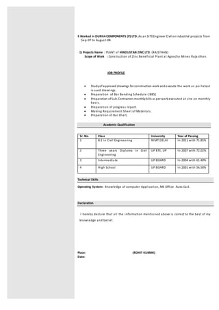 ◊ Worked in DURHACOMPONENTS (P) LTD. As an SITEEngineer Civil onIndustrial projects from
Sep-07 to August-08.
1) Projects Name : PLANT of HINDUSTAN ZINC LTD. (RAJSTHAN)
Scope of Work : Construction of Zinc Beneficial Plant at Agoocha Mines Rajasthan.
JOB PROFILE
 Studyof approved drawings for construction work andexecute the work as per latest
issued drawings.
 Preparation of Bar Bending Schedule ( BBS)
 Preparation ofSub-Contractors monthlybills as per workexecuted at site on monthly
basis.
 Preparation of progress report.
 Making Requirement Sheet of Materials.
 Preparation of Bar Chart.
Academic Qualification
Sr. No. Class University Year of Passing
1 B.E in Civil Engineering NIMT DELHI In 2011 with 71.85%
2 Three years Diploma in Civil
Engineering
UP BTE, UP In 2007 with 72.02%
3 Intermediate UP BOARD In 2004 with 61.40%
4 High School UP BOARD In 2001 with 56.50%
Technical Skills
Operating System: Knowledge of computer Application, MS Office Auto Ca d.
Declaration
I hereby declare that all the information mentioned above is correct to the best of my
knowledge and belief.
Place: (ROHIT KUMAR)
Date:
 