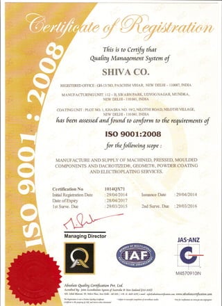Shivaco ISO 9001 Certificate
