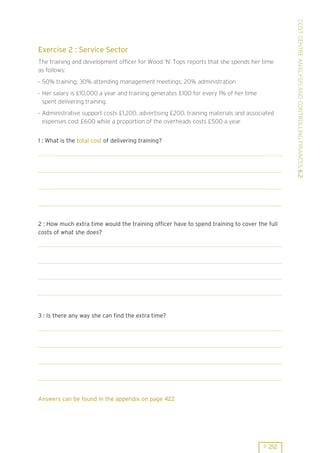COST CENTRE ANALYSIS AND CONTROLLING FINANCES 6.2
Exercise 2 : Service Sector
The training and development officer for Wood ’N’ Tops reports that she spends her time
as follows:
. 50% training; 30% attending management meetings; 20% administration
. Her salary is £10,000 a year and training generates £100 for every 1% of her time
  spent delivering training.
. Administrative support costs £1,200, advertising £200, training materials and associated
  expenses cost £600 while a proportion of the overheads costs £500 a year.


1 : What is the total cost of delivering training?




2 : How much extra time would the training officer have to spend training to cover the full
costs of what she does?




3 : Is there any way she can find the extra time?




Answers can be found in the appendix on page 422




                                                                                      P 212
 
