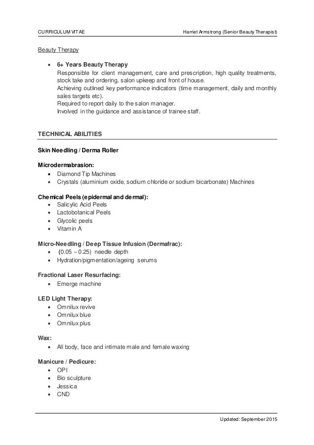 cv for beauty therapist