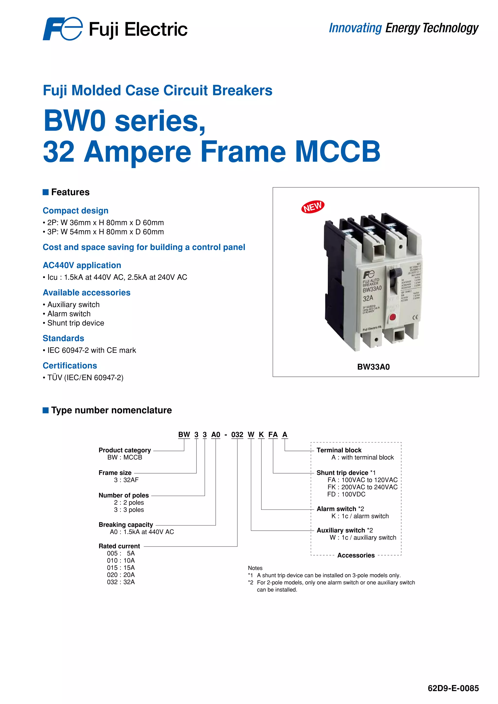 Fuji Molded Case Circuit Breakers BW0 series, 32 Ampere Frame MCCB PDF