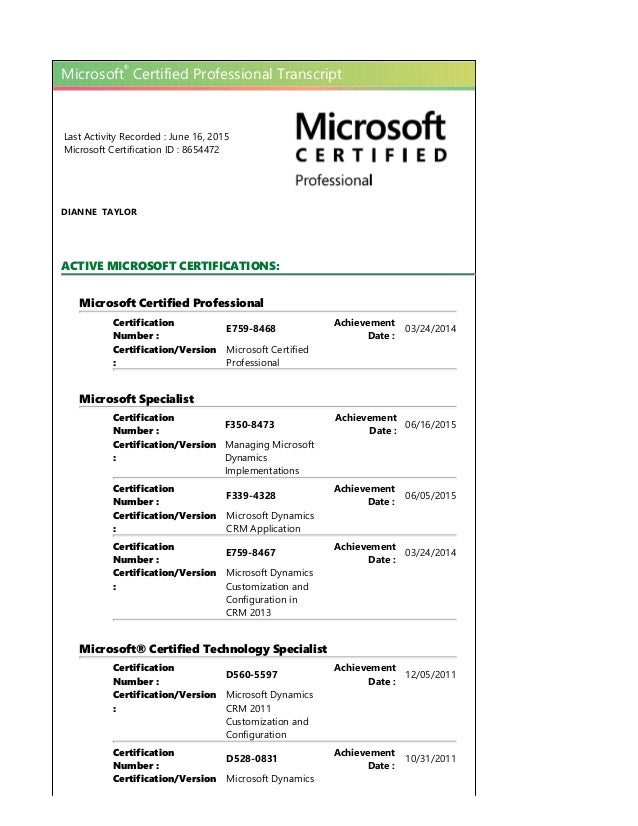Microsoft Certified Professional Transcript