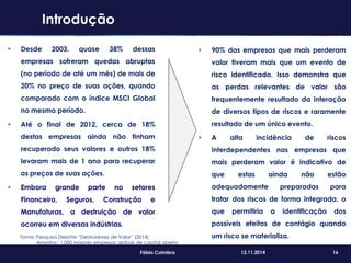 16Fábio Coimbra 12.11.2014
 Desde 2003, quase 38% dessas
empresas sofreram quedas abruptas
(no período de até um mês) de mais de
20% no preço de suas ações, quando
comparado com o índice MSCI Global
no mesmo período.
 Até o final de 2012, cerca de 18%
destas empresas ainda não tinham
recuperado seus valores e outros 18%
levaram mais de 1 ano para recuperar
os preços de suas ações.
 Embora grande parte no setores
Financeiro, Seguros, Construção e
Manufaturas, a destruição de valor
ocorreu em diversas indústrias.
 90% das empresas que mais perderam
valor tiveram mais que um evento de
risco identificado. Isso demonstra que
as perdas relevantes de valor são
frequentemente resultado da interação
de diversos tipos de riscos e raramente
resultado de um único evento.
 A alta incidência de riscos
interdependentes nas empresas que
mais perderam valor é indicativo de
que estas ainda não estão
adequadamente preparadas para
tratar dos riscos de forma integrada, o
que permitiria a identificação dos
possíveis efeitos de contágio quando
um risco se materializa.
Introdução
Fonte: Pesquisa Deloitte “Destruidores de Valor” (2014)
Amostra:: 1.000 maiores empresas globais de capital aberto
 