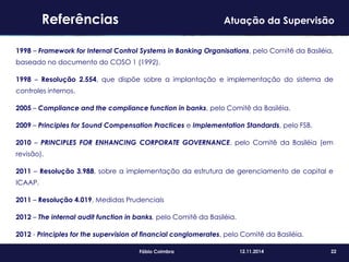 22Fábio Coimbra 12.11.2014
1998 – Framework for Internal Control Systems in Banking Organisations, pelo Comitê da Basiléia,
baseado no documento do COSO 1 (1992).
1998 – Resolução 2.554, que dispõe sobre a implantação e implementação do sistema de
controles internos.
2005 – Compliance and the compliance function in banks, pelo Comitê da Basiléia.
2009 – Principles for Sound Compensation Practices e Implementation Standards, pelo FSB.
2010 – PRINCIPLES FOR ENHANCING CORPORATE GOVERNANCE, pelo Comitê da Basiléia (em
revisão).
2011 – Resolução 3.988, sobre a implementação da estrutura de gerenciamento de capital e
ICAAP.
2011 – Resolução 4.019, Medidas Prudenciais
2012 – The internal audit function in banks, pelo Comitê da Basiléia.
2012 - Principles for the supervision of financial conglomerates, pelo Comitê da Basiléia.
Referências Atuação da Supervisão
 