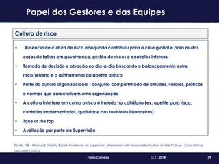 39Fábio Coimbra 12.11.2014
Fonte: FSB – Financial Stability Board. Guidance on Supervisory Interaction with Financial Institutions on Risk Culture - Consultative
Document (2013).
Cultura de risco
 Ausência de cultura de risco adequada contribuiu para a crise global e para muitos
casos de falhas em governança, gestão de riscos e controles internos
 Tomada de decisão e atuação no dia-a-dia buscando o balanceamento entre
risco/retorno e o alinhamento ao apetite a risco
 Parte da cultura organizacional : conjunto compartilhado de atitudes, valores, práticas
e normas que caracterizam uma organização
 A cultura interfere em como o risco é tratado no cotidiano (ex. apetite para risco,
controles implementados, qualidade dos relatórios financeiros)
 Tone at the top
 Avaliação por parte da Supervisão
Papel dos Gestores e das Equipes
 