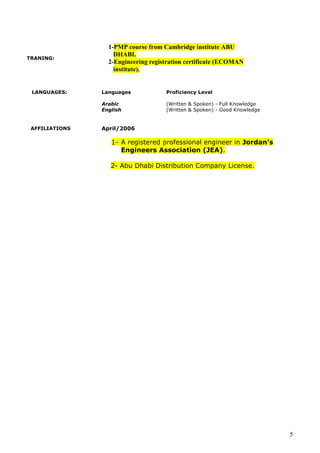5
TRANING:
1-PMP course from Cambridge institute ABU
DHABI.
2-Engineering registration certificate (ECOMAN
institute).
LANGUAGES: Languages Proficiency Level
Arabic (Written & Spoken) - Full Knowledge
English (Written & Spoken) - Good Knowledge
AFFILIATIONS April/2006
1- A registered professional engineer in Jordan’s
Engineers Association (JEA).
2- Abu Dhabi Distribution Company License.
 