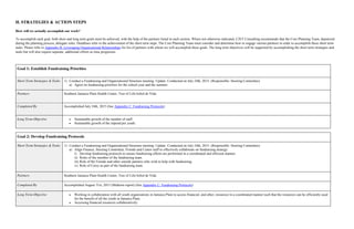 H. STRATEGIES & ACTION STEPS
How will we actually accomplish our work?
To accomplish each goal, both short and long term goals must be achieved, with the help of the partners listed in each section. Where not otherwise indicated, CJET Consulting recommends that the Core Planning Team, deputized
during the planning process, delegate roles. Deadlines refer to the achievement of the short term steps. The Core Planning Team must consider and determine how to engage various partners in order to accomplish these short term
tasks. Please refer to Appendix B: Leveraging Organizational Relationships for list of partners with whom we will accomplish these goals. The long term objectives will be supported by accomplishing the short term strategies and
tasks but will also require separate, additional efforts as time progresses.
Goal 1: Establish Fundraising Priorities
Short Term Strategies & Tasks 1) Conduct a Fundraising and Organizational Structure meeting. Update: Conducted on July 24th, 2015. (Responsible: Steering Committee)
a) Agree on fundraising priorities for the school-year and the summer.
Partners Southern Jamaica Plain Health Center, Tree of Life/Arbol de Vida
Completed By Accomplished July 24th, 2015 (See Appendix C: Fundraising Protocols)
Long Term Objective Sustainable growth of the number of staff.
Sustainable growth of the stipend per youth.
Goal 2: Develop Fundraising Protocols
Short Term Strategies & Tasks 1) Conduct a Fundraising and Organizational Structure meeting. Update: Conducted on July 24th, 2015. (Responsible: Steering Committee)
a) Align Finance, Steering Committee, Friends and Center staff to effectively collaborate on fundraising strategy:
i) Develop fundraising protocols to ensure fundraising efforts are performed in a coordinated and efficient manner.
ii) Roles of the member of the fundraising team.
iii) Role of the Friends and other outside partners who wish to help with fundraising.
iv) Role of Corey as part of the fundraising team.
Partners Southern Jamaica Plain Health Center, Tree of Life/Arbol de Vida
Completed By Accomplished August 31st, 2015 (Midterm report) (See Appendix C: Fundraising Protocols)
Long Term Objective Working in collaboration with all youth organizations in Jamaica Plain to access financial, and other, resources in a coordinated manner such that the resources can be efficiently used
for the benefit of all the youth in Jamaica Plain.
Accessing financial resources collaboratively.
 